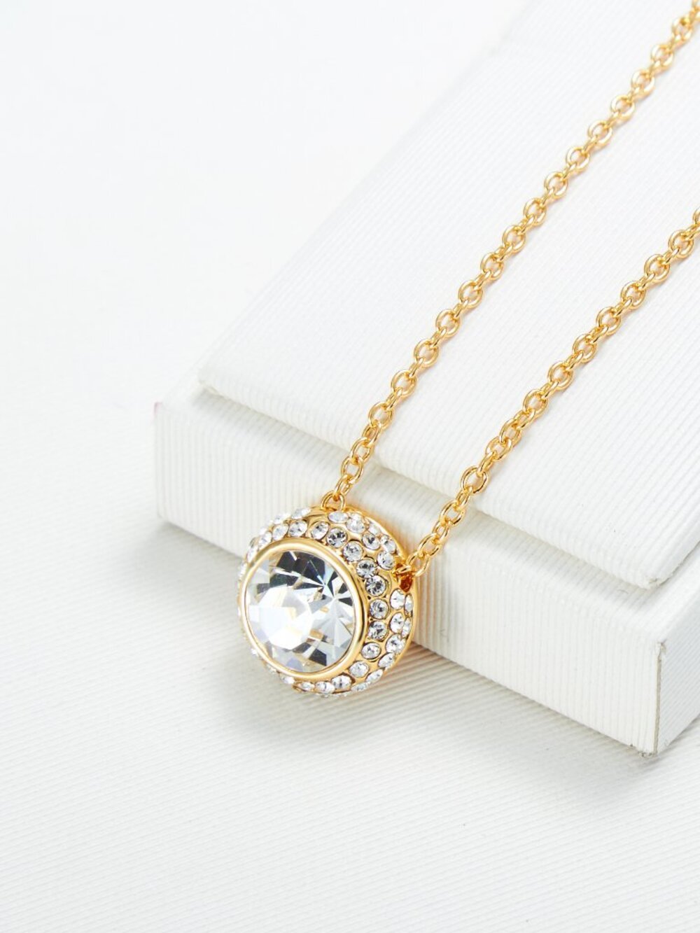 Solitaire Bezel Halo Necklace with Lab-Grown Sapphire Austrian Crystals, 17" - Picture 4 of 4